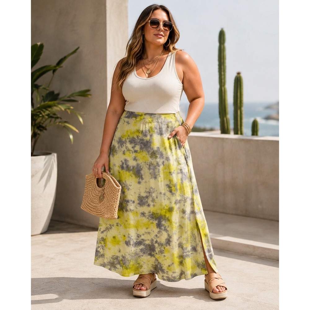 LOGO Lori Goldstein Tie Dye Midi Skirt Size 2X New With Tags Boho Yellow Gray